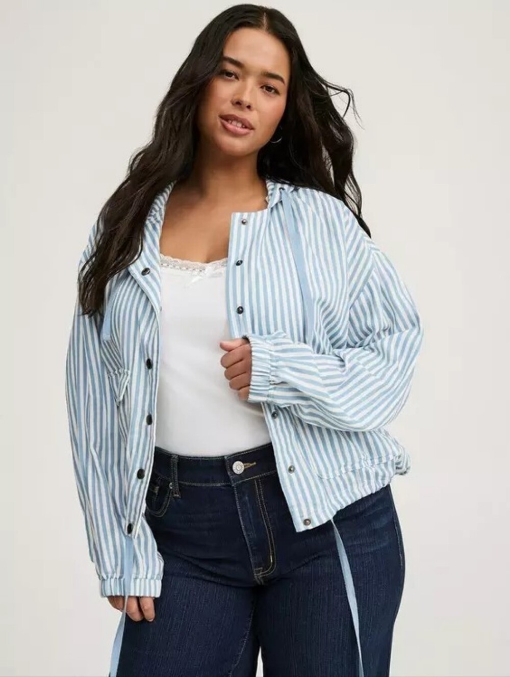 Torrid Snap-Front Hooded Jacket Light Blue & White Striped Hooded Jacket